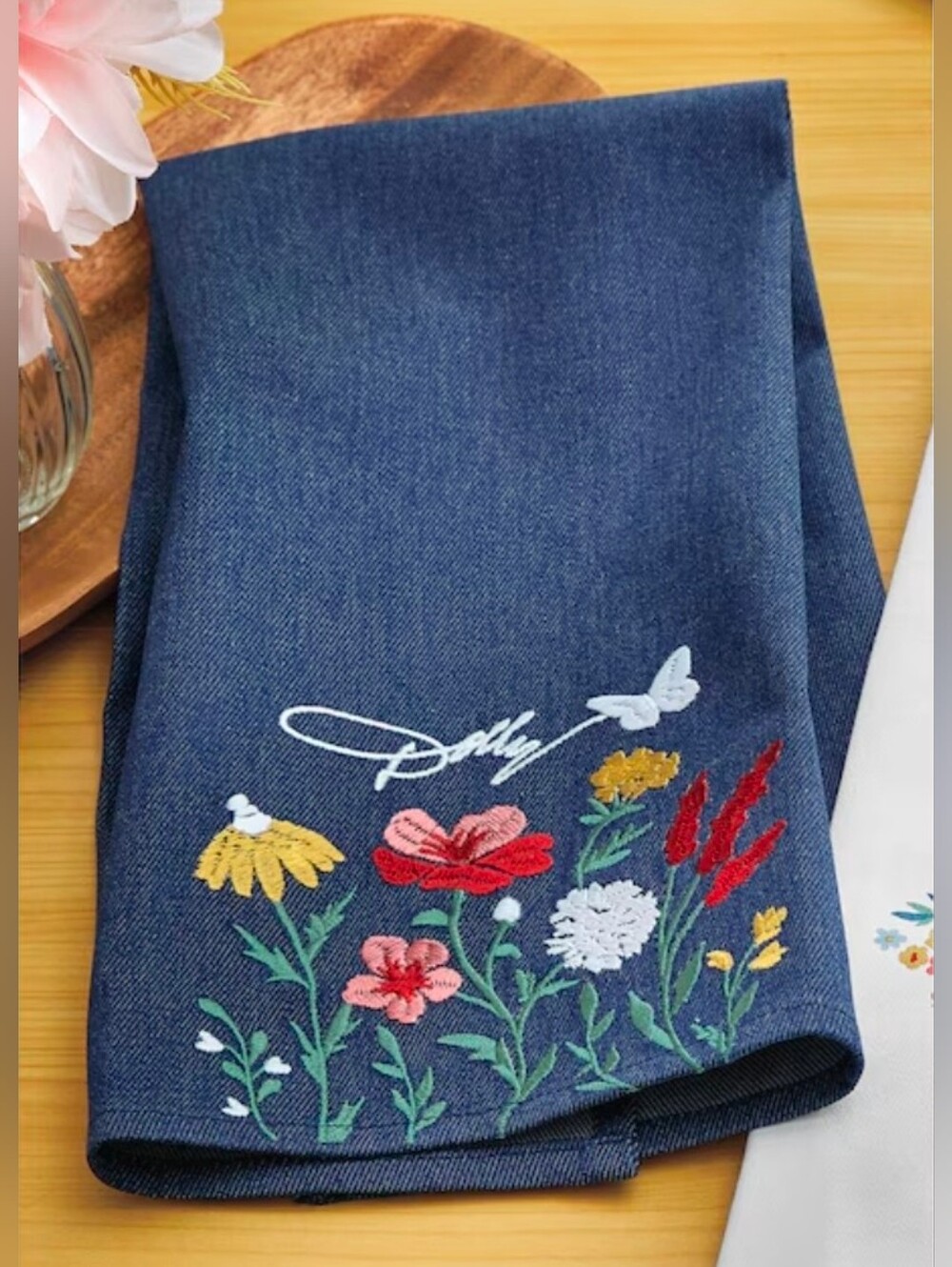 Dolly Parton NWT Embroidered Floral Denim Kitchen Towel Set